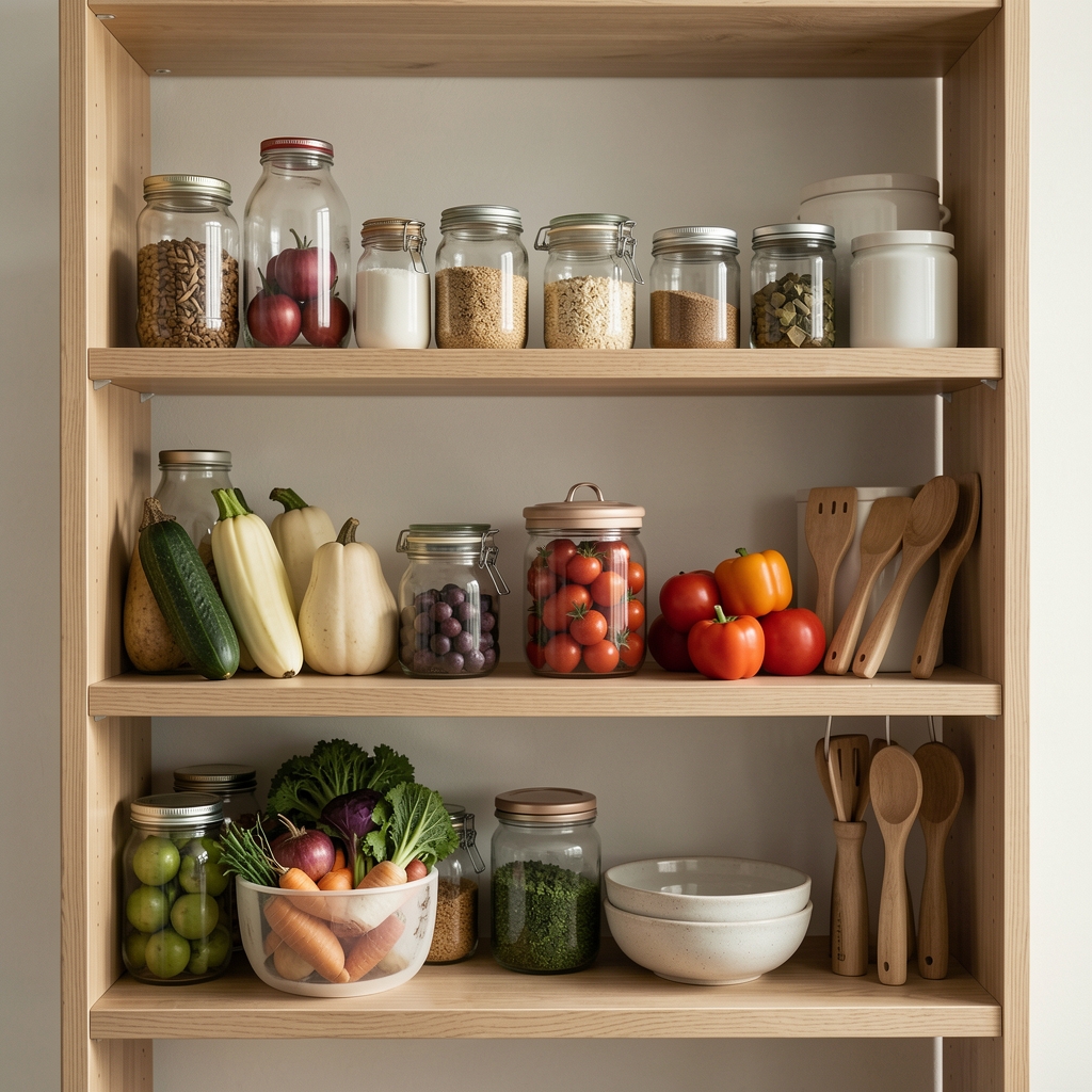 Organised kitchen shelf with seasonal produce, glass jars and simple utensils in a quiet domestic setting