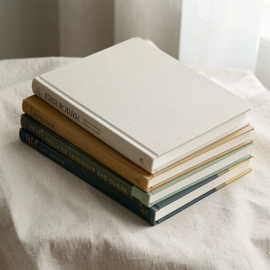 Stack of editorial notebooks and journals on a pale linen surface under diffused natural light