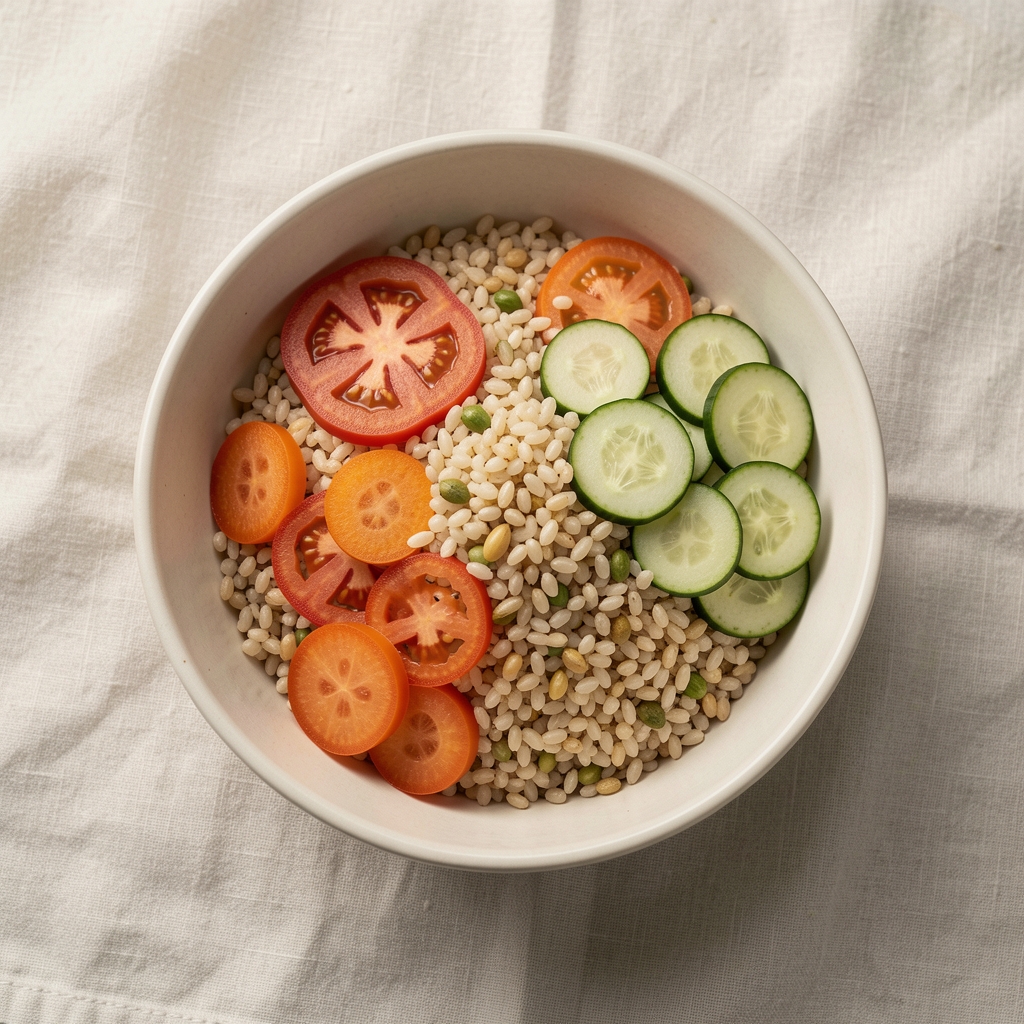 Shallow bowl of prepared grains and sliced vegetables photographed from above on a pale linen cloth in diffused studio light